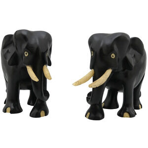 Lot of 2 Hand Carved Black Wood Elephant Sculpture Figurines Pair Safari Decor